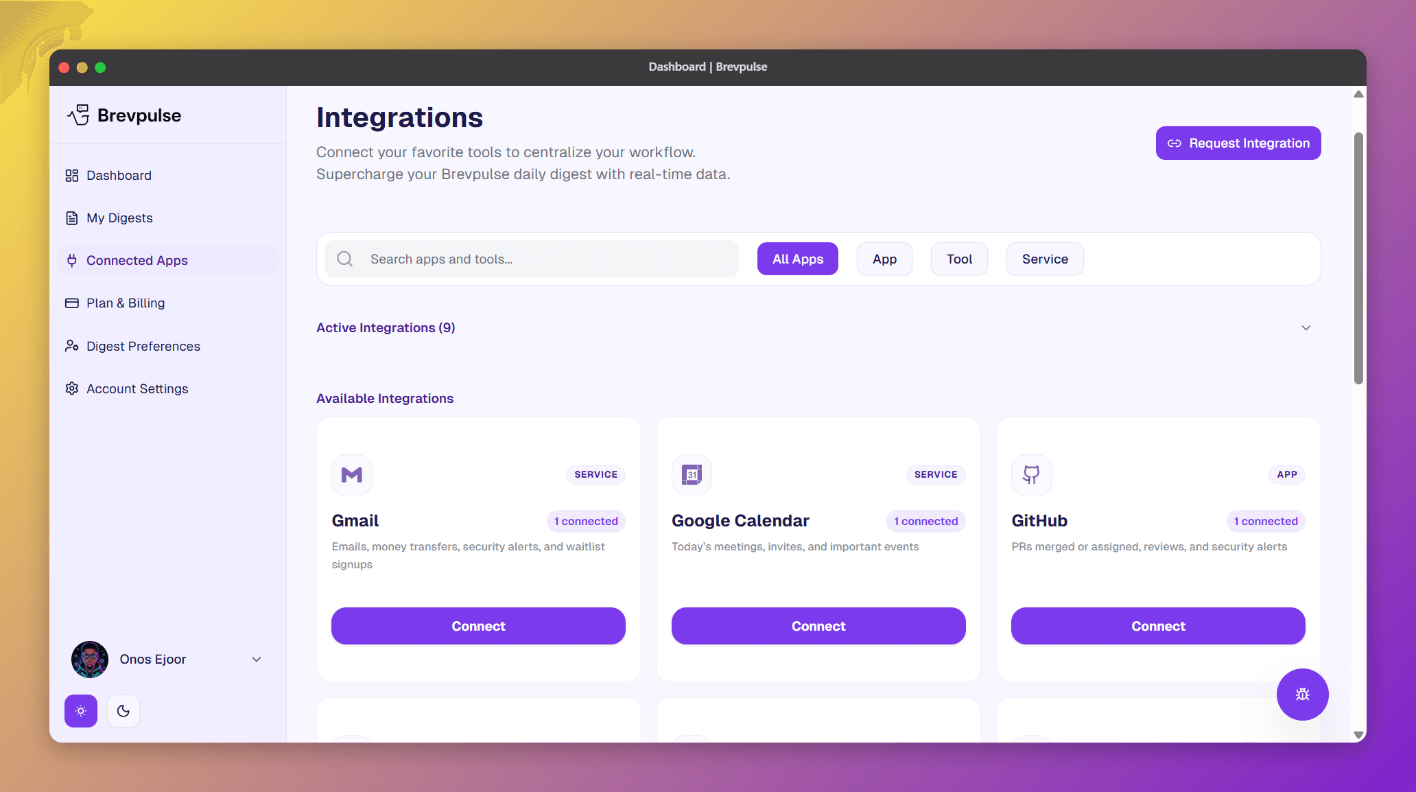 Brevpulse mobile integrations view